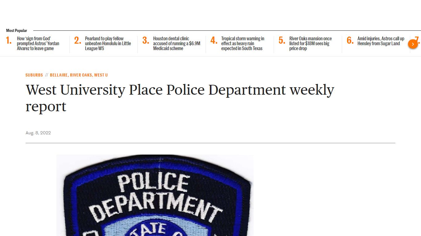 West University Place Police Department weekly report